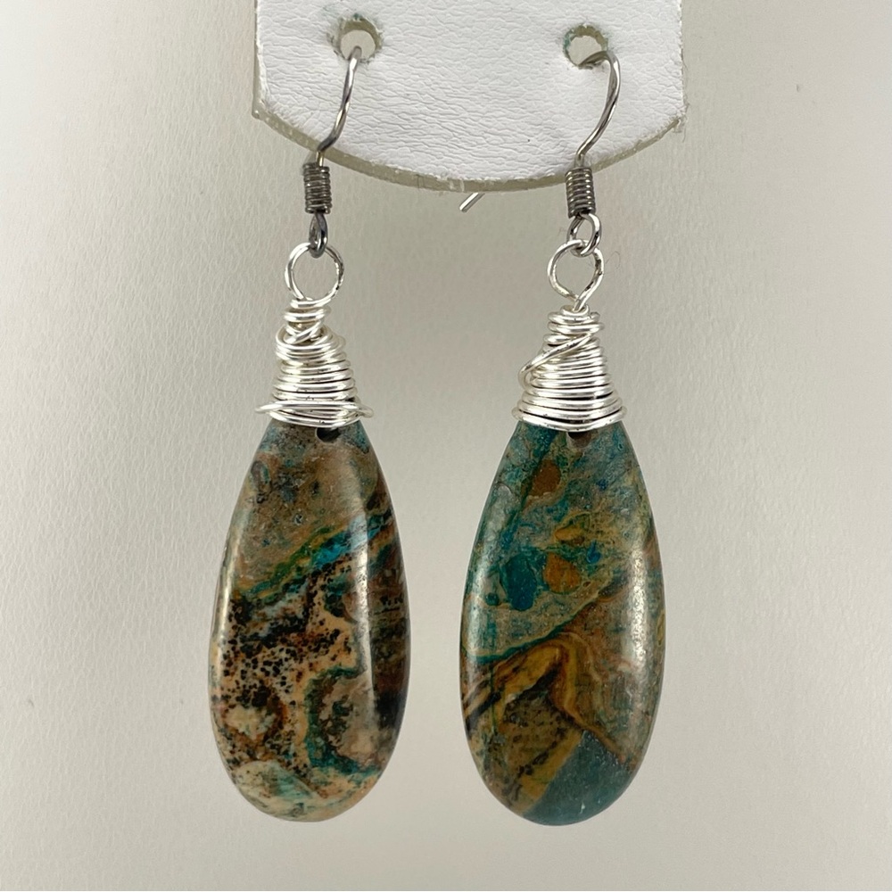 Stunning Sterling Silver Wrapped Green Ghosts Eye Jasper Dangle Earrings